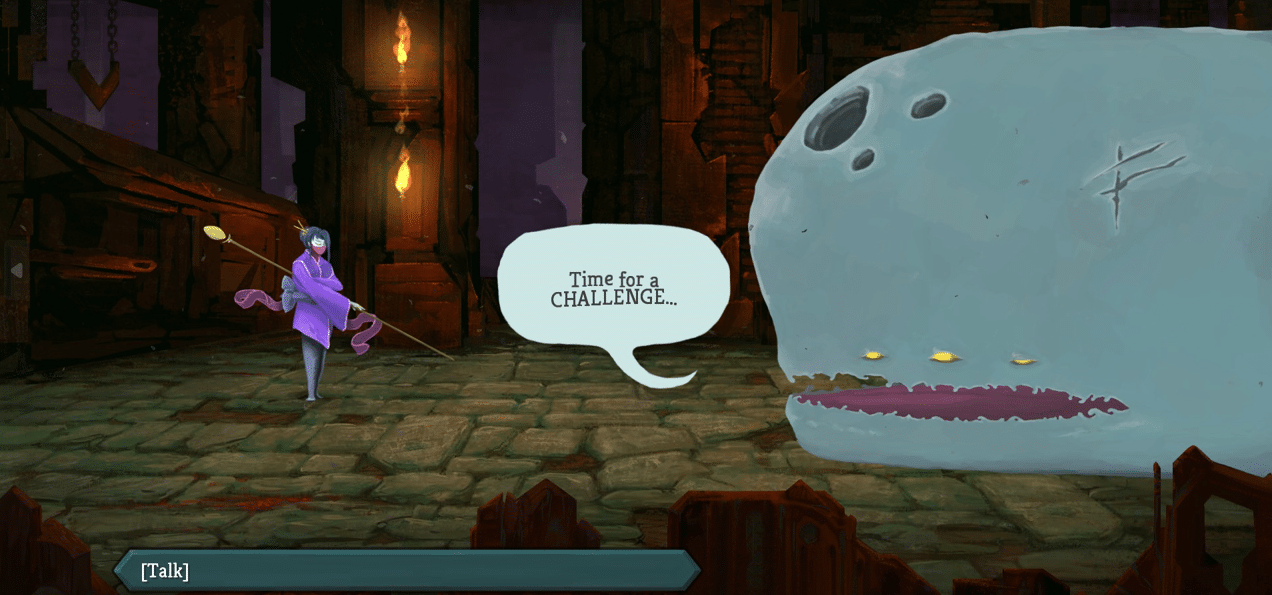 A picture of Neow addressing the player during a custom run.
