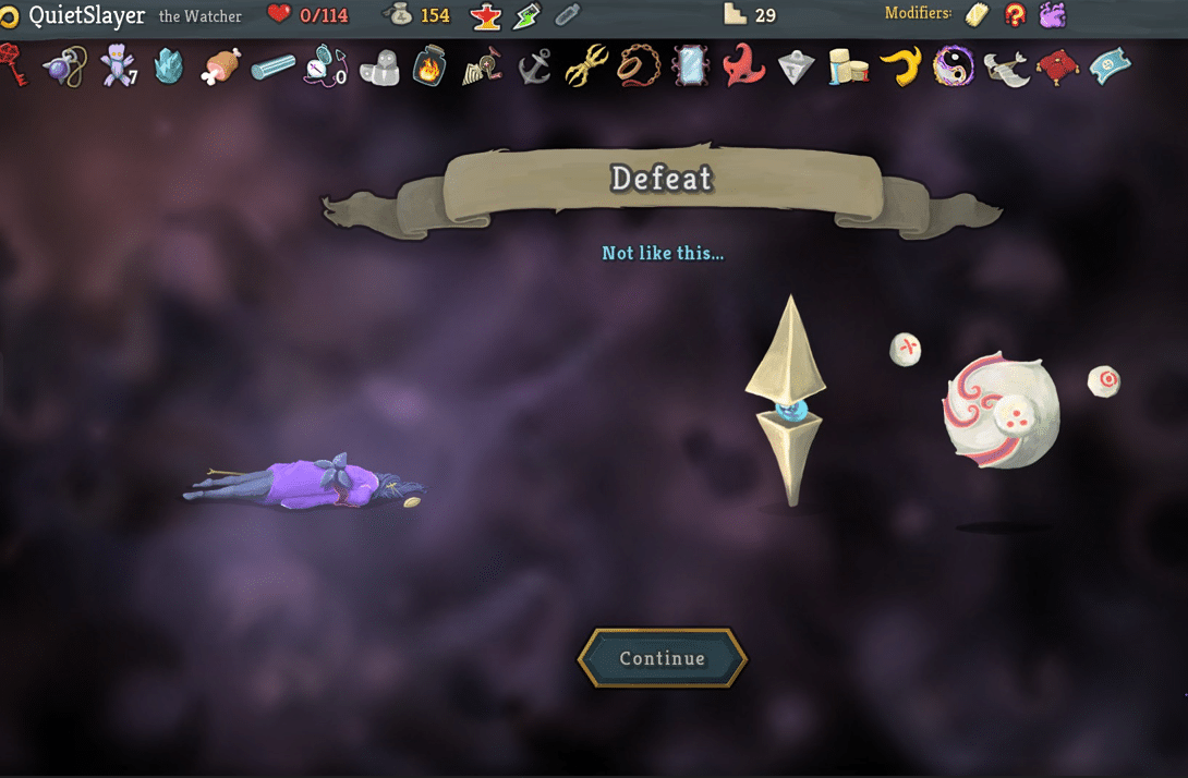 The defeat screen in Slay the Spire