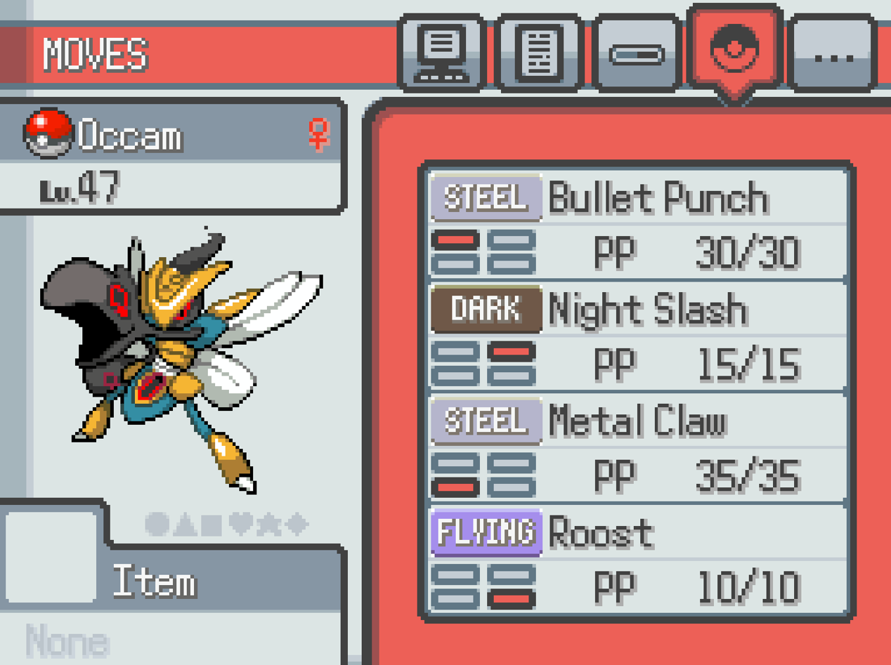Occam and her move list.