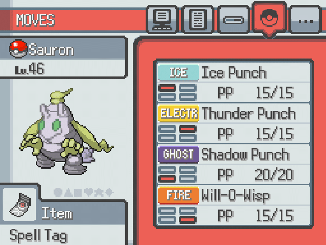 My Pokémon Sauron and their move list.
