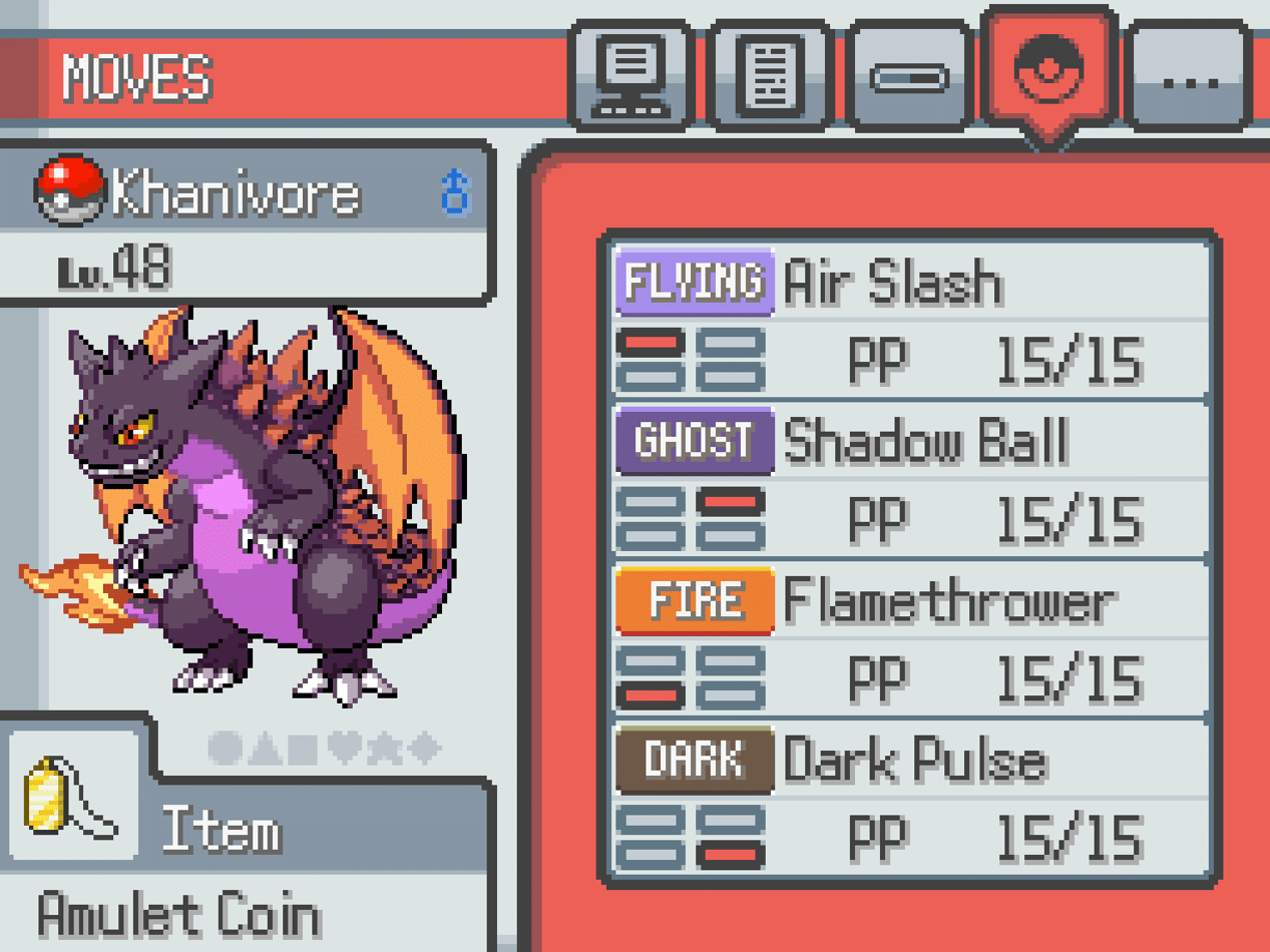 My Pokémon Khanivore and his move list.
