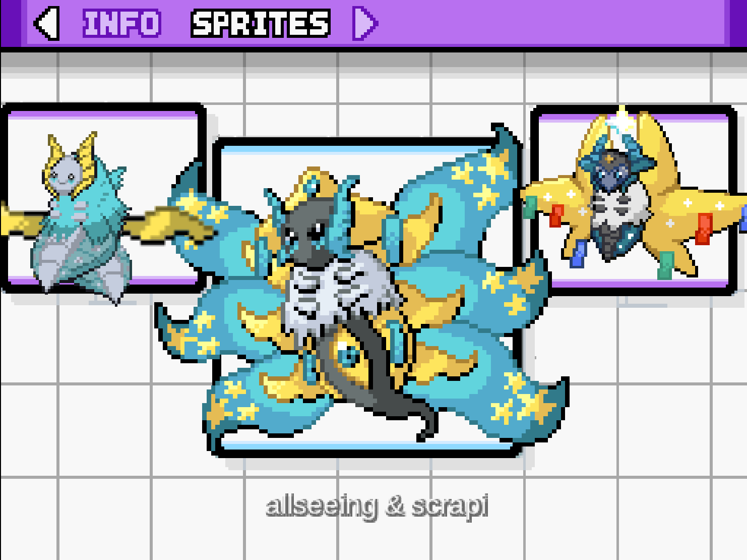 A set of sprites showing a fusion between Volcarona and Jirachi.