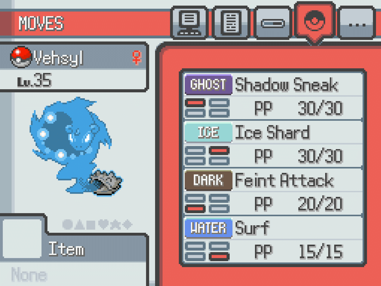 My Pokémon Vehsyl and her move list.
