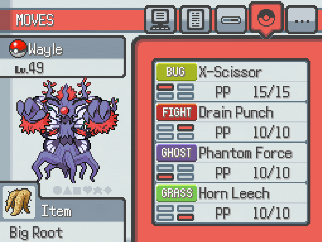 My Pokémon Wayle and their move list.