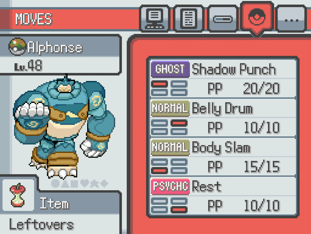 My Pokémon Alphonse and his move list.